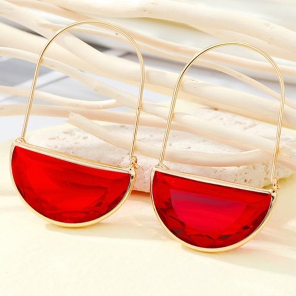 Red & Goldtone Half-Round Hoop Water Drop Retro Festival, Bohemian Earrings - Picture 1 of 4